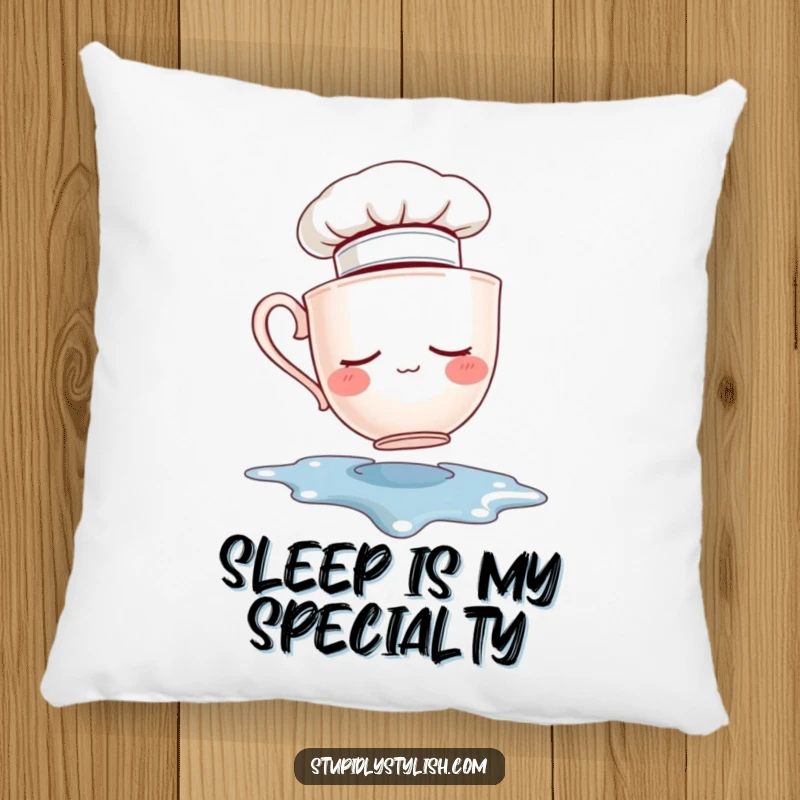 Funny pillow design showing a sleepy teacup chef falling into a spilled puddle. Soft, comfortable, and humorous home decor.