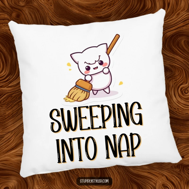 Funny pillow featuring a mischievous broom humorously sweeping itself away, perfect for adding a whimsical accent to any room.