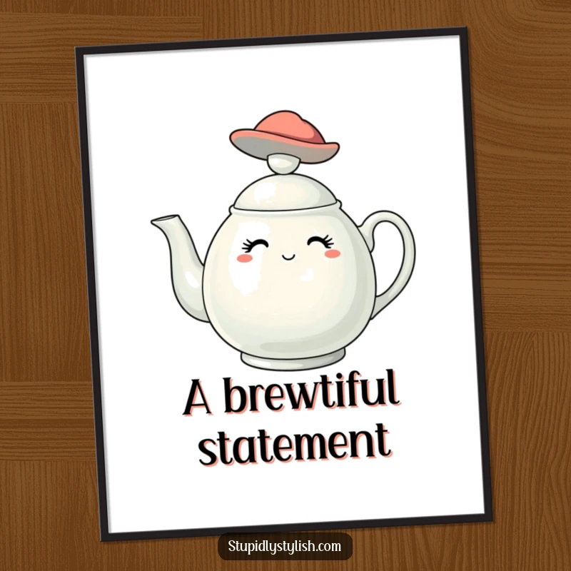 Funny digital art print of a stylish teapot character wearing a fashionable hat, an instant download for chic decor.
