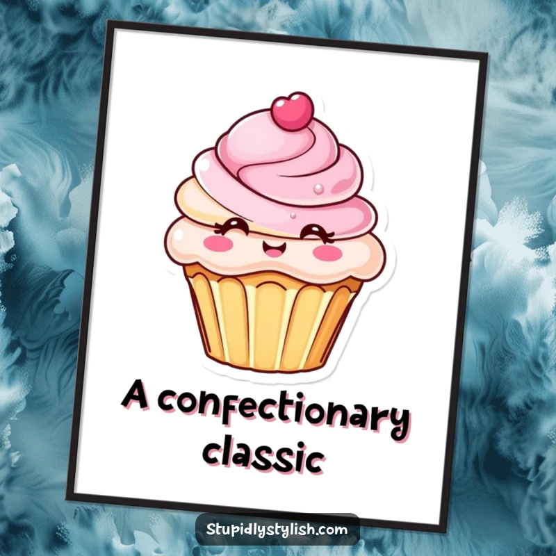 Funny digital art print of a chic cupcake character with an elaborate frosting design, an instant download for sweet decor.