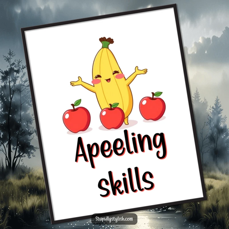 Funny digital art print of a blushing anthropomorphic banana in a comical juggling act with three apples, full of visual humor.