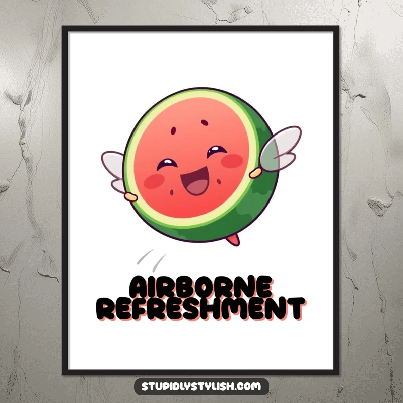 Funny digital art print of an ecstatic watermelon slice trying to fly, radiating pure happiness and whimsical energy.