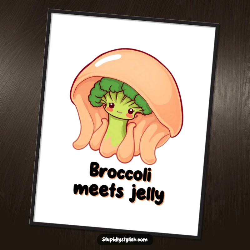 Funny digital art print of a shy broccoli floret peeking from behind a giant, wobbly jelly, perfect for decor.