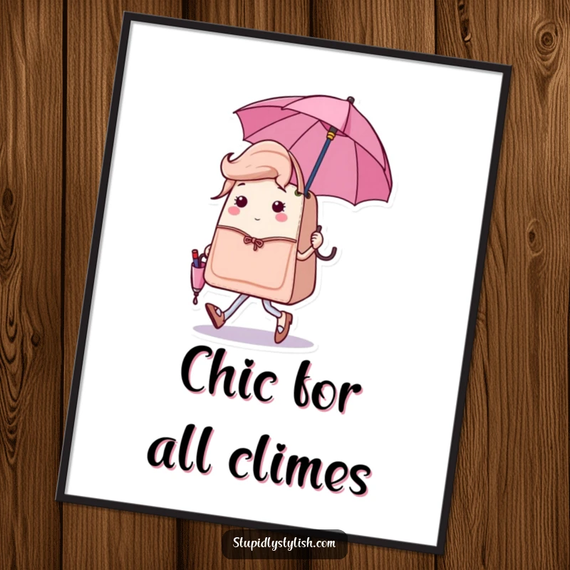 Funny digital art print of a sassy handbag character strutting with a tiny, matching umbrella, an instant download for chic decor.