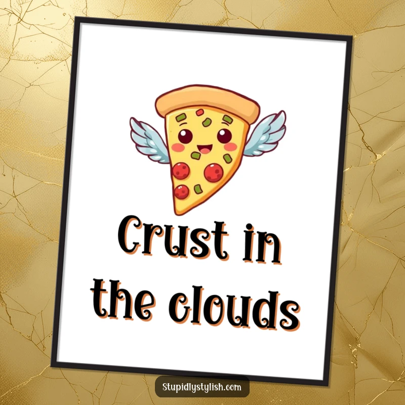 Funny Digital Art: A pizza slice with tiny wings, flying with joy, printable wall art.