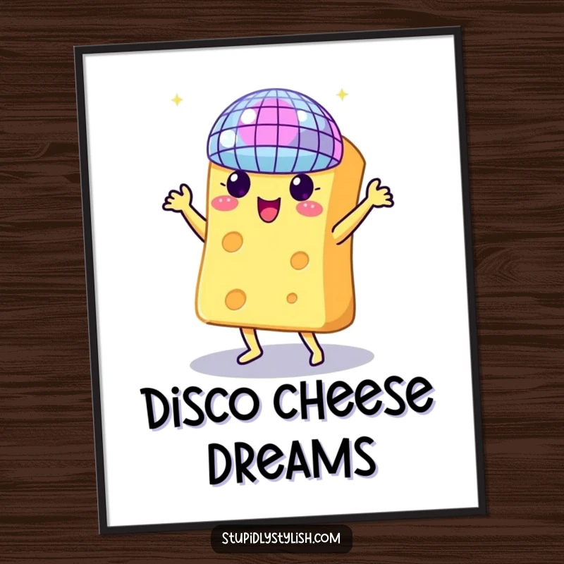 Funny digital art print of a cheese piece dancing under a disco ball, perfect for instant party-themed decoration.