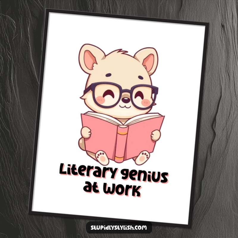 Cute animal character wearing small glasses, engrossed in a giant book, perfect for printable wall art with intellectual humor.