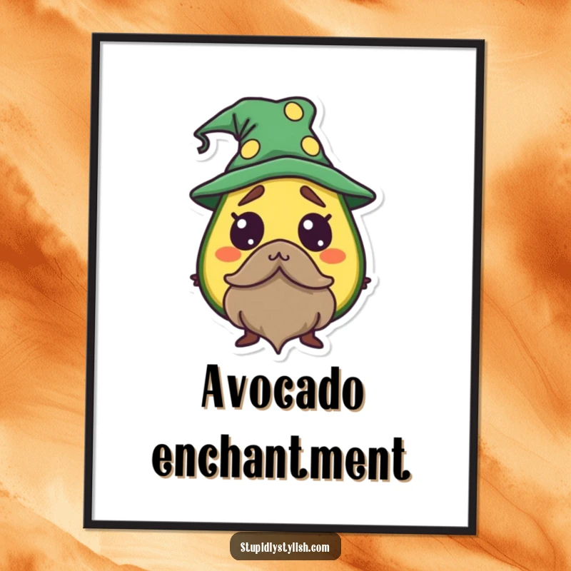 Funny Avocado Wizard Digital Art Print of a startled avocado dressed as a wizard, adding magical flair.
