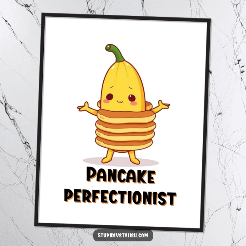 Funny digital art of a banana character attempting to balance a tall stack of pancakes, capturing a humorous breakfast moment downloadable.