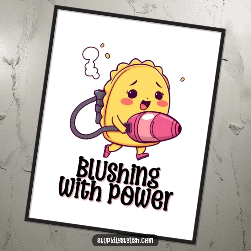 Funny digital art print of a blushing taco using a vacuum cleaner jetpack, smoke billowing, a comical and colorful food-themed illustration.