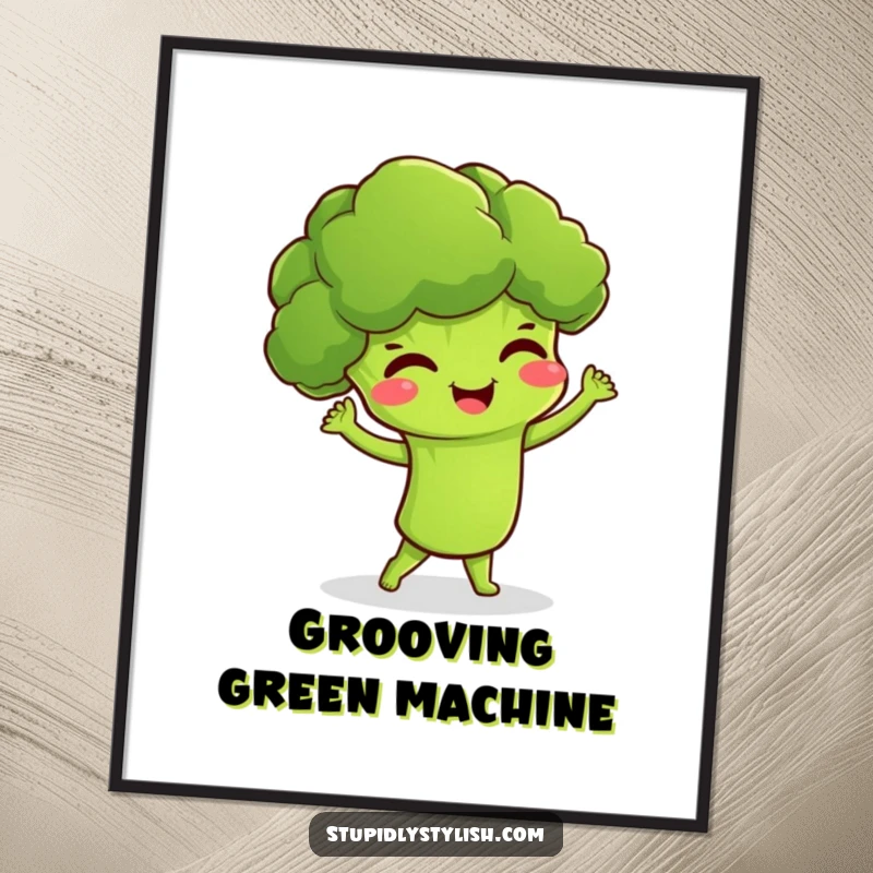 Funny digital art print of a giggling broccoli character performing a silly dance move, perfect for instant cheerful decor.