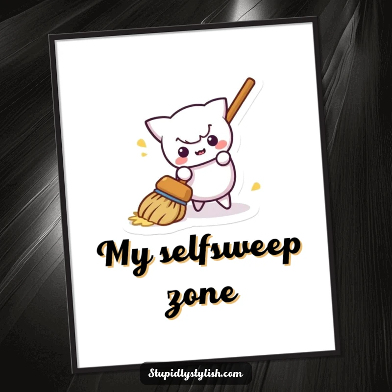 Funny digital art print of a mischievous broom sweeping itself away, adding a whimsical and humorous touch to any space.