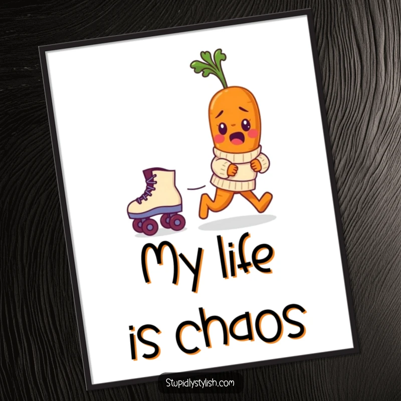 Funny digital art print of a bewildered baby carrot in a sweater comically chasing a runaway roller skate, perfect for humorous decor.