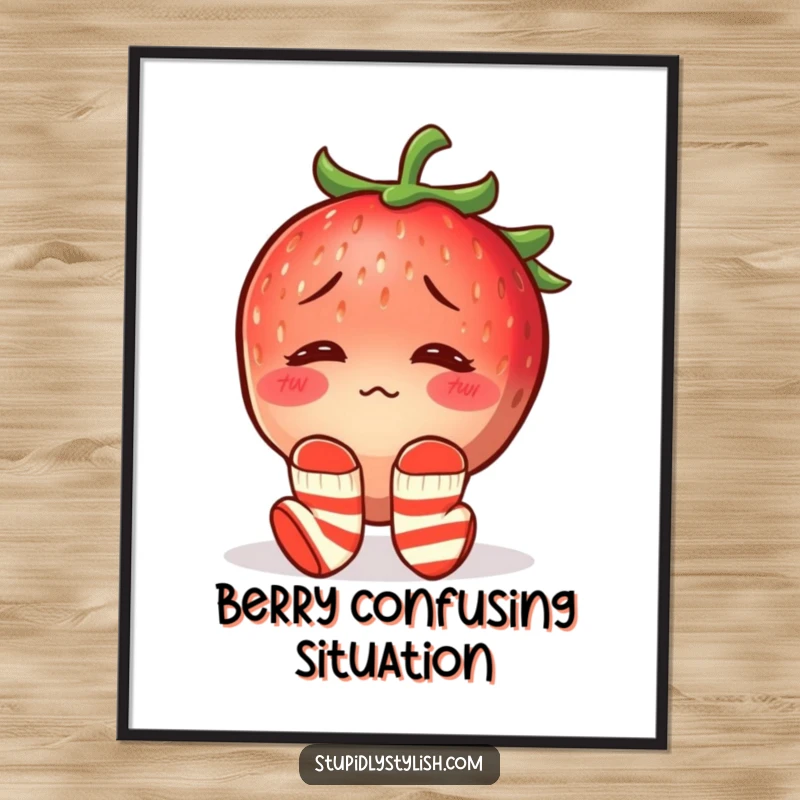 Funny digital art print of a confused, blushing strawberry wearing mismatched socks, bringing adorably awkward and charming humor to any setting.