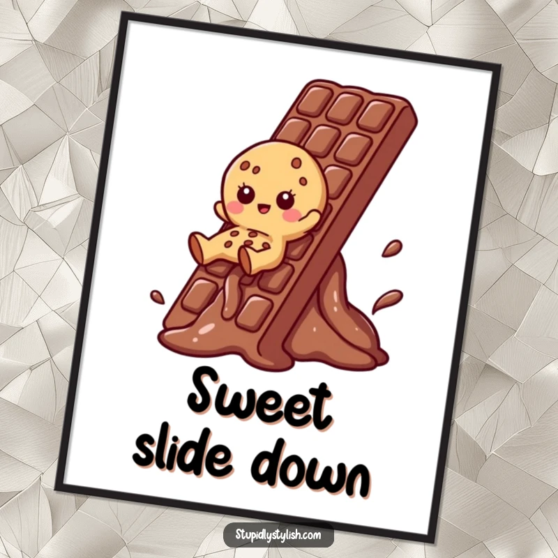 Funny Cookie Digital Art Print of a cookie character sliding down a melting chocolate bar, celebrating sweet fun.