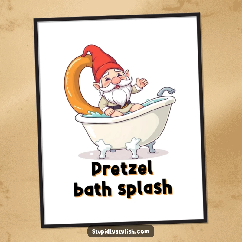 Funny digital art print of a confused garden gnome surfing a giant pretzel in a bathtub. Instant whimsical wall decor.