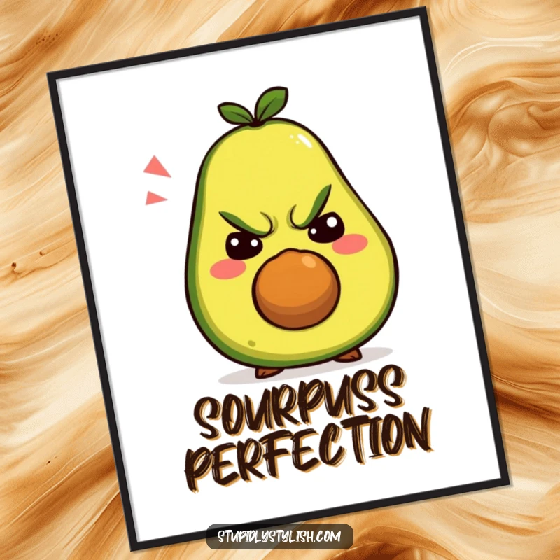 Funny digital art print: A grumpy avocado showcasing a wide array of comical, silly, and grumpy facial expressions.