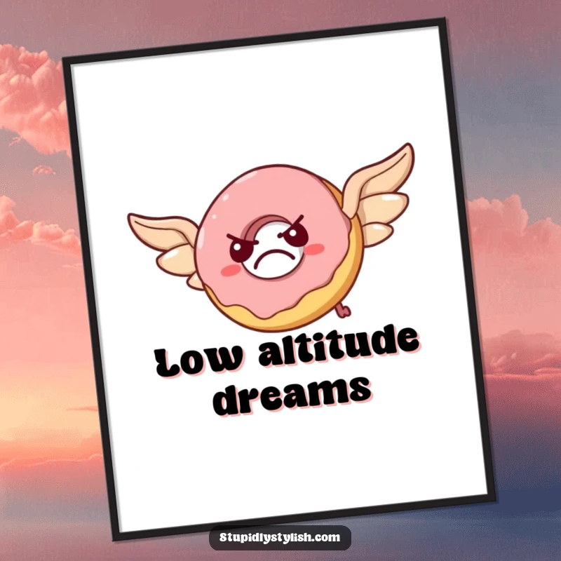 Funny digital art print of a grumpy donut with pastry wings, comically flustered while attempting to fly, ready for digital display.