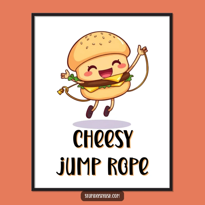 Funny Hamburger Jump Rope Digital Art: Giggling Cheese Print, Instant Download Gift