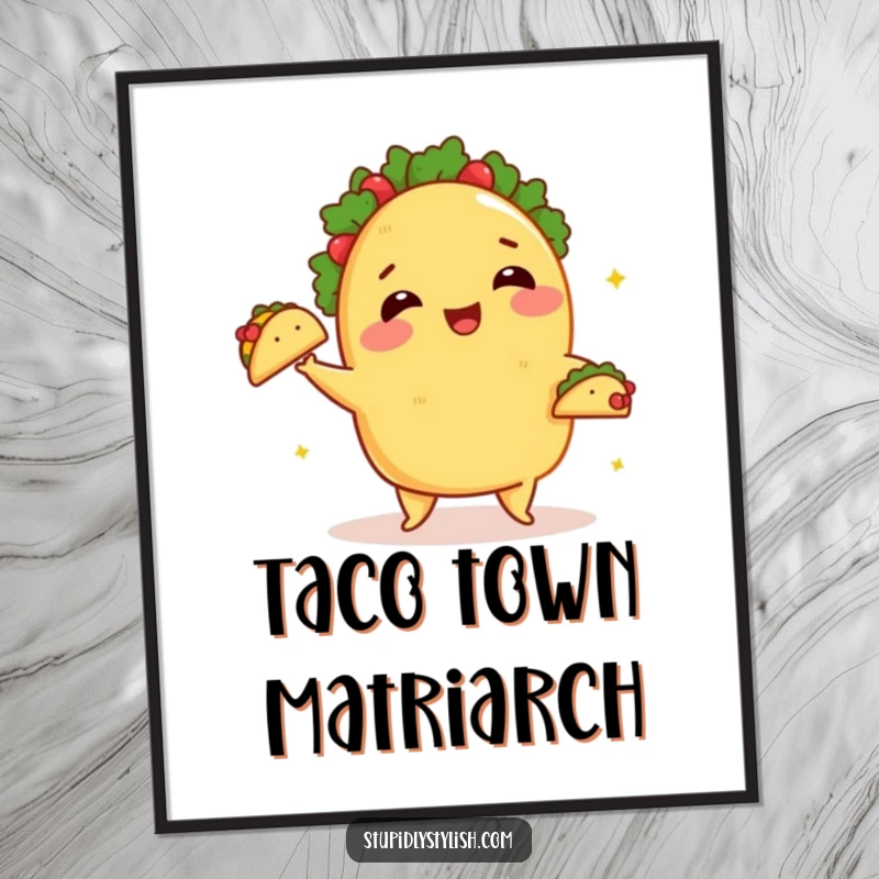 Funny Digital Art: A taco blushing happily juggling small tacos, printable wall art.