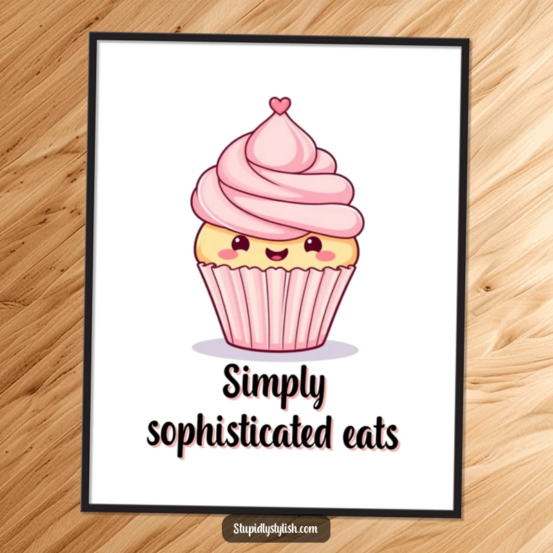 Funny digital art print of a proud cupcake wearing a tiny top hat, perfect for adding elegant and humorous decor.