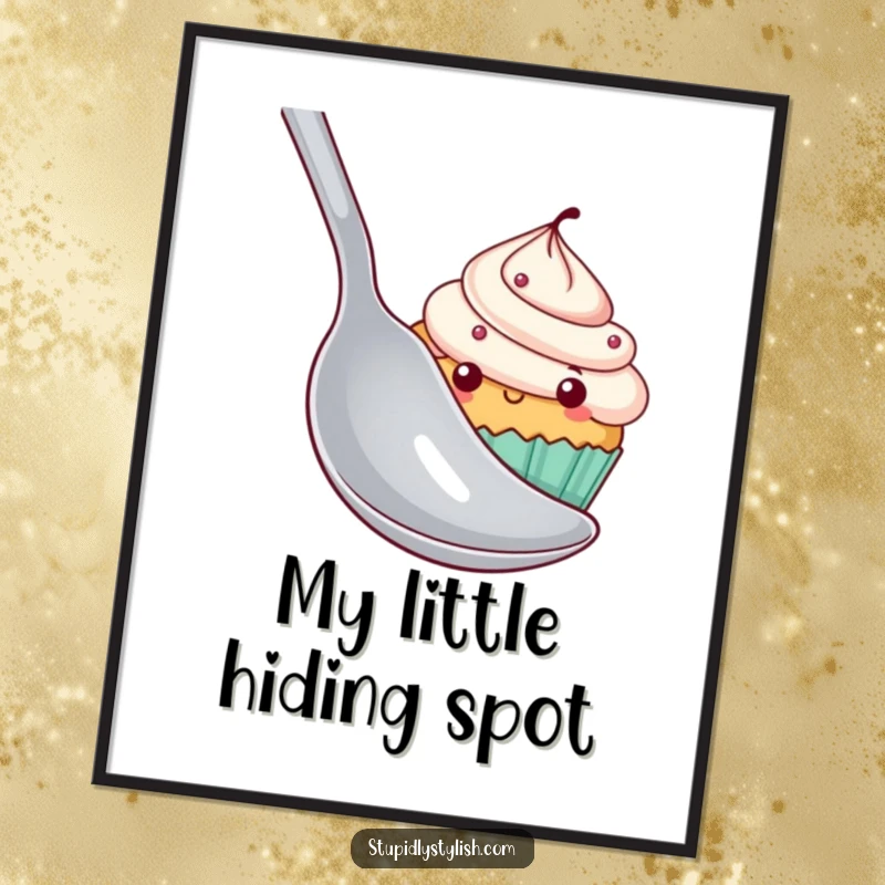 Funny shy cupcake digital art print of a cupcake hiding behind a giant spoon, ready to be printed and displayed for sweet, humorous decor.