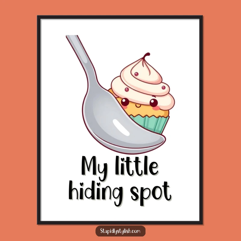 Funny Shy Cupcake Digital Art - Hiding Behind Spoon Printable Decor