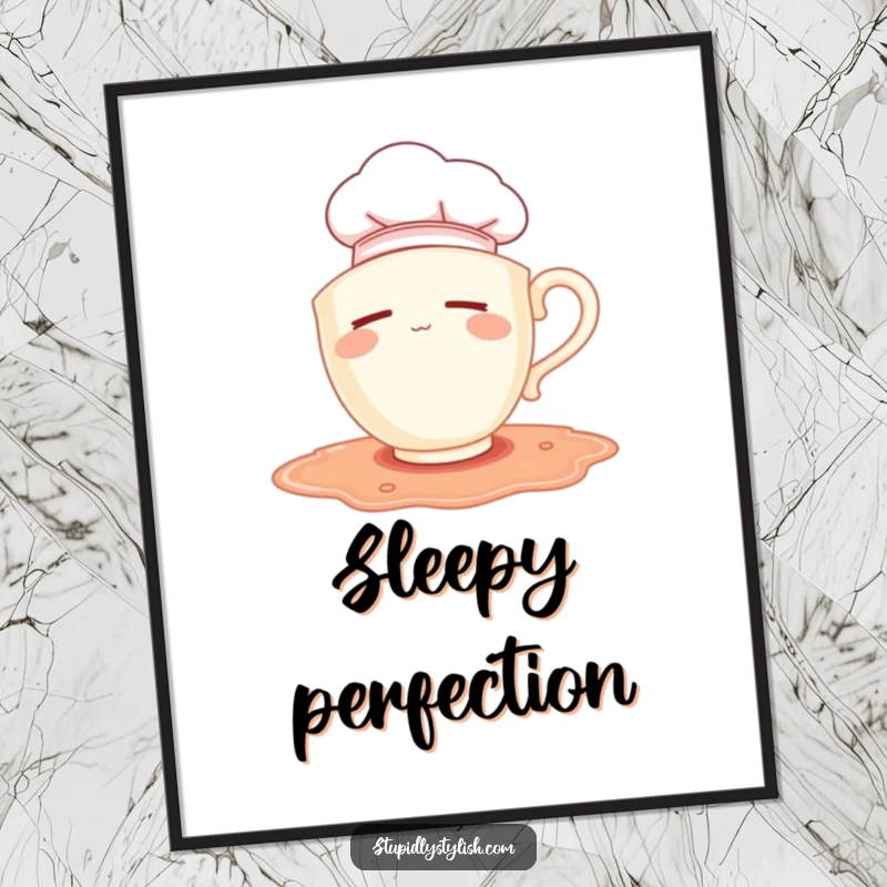 Funny digital art print: sleepy teacup chef falling into a puddle, charming and humorous artwork.