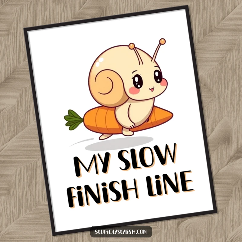 Funny digital art print of a determined snail racing a carrot, adding a humorous and motivational touch to any space.