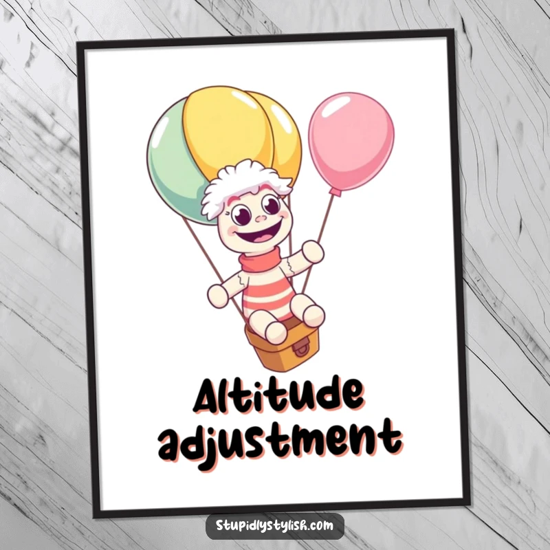 Funny digital art print of a sock puppet giggling wildly on a giant, runaway balloon, eyes wide with amusement. Instant quirky decor.