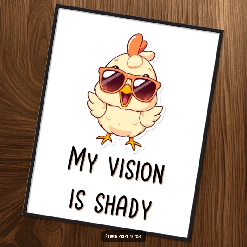 Funny Digital Art Print of a surprised chicken wearing oversized sunglasses, offering instant visual humor and a cool, quirky aesthetic.