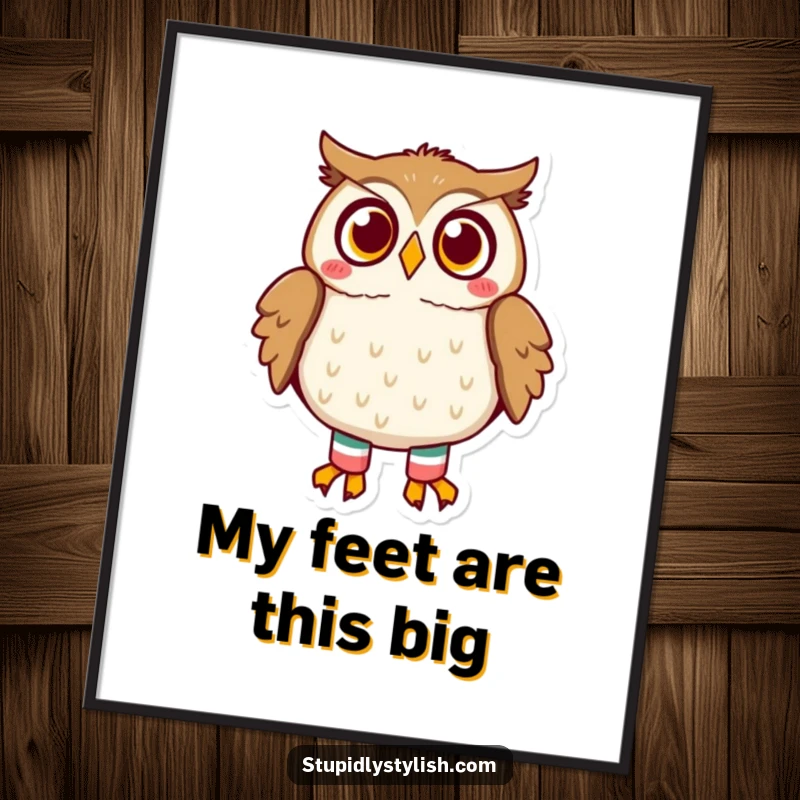 Funny owl digital art print of a surprised owl wearing mismatched socks, ready to be printed and displayed for instant comedic effect.
