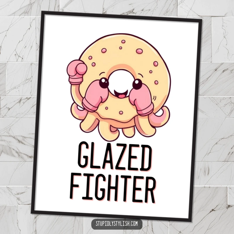 Funny digital art print of a cheerful, round donut with boxing gloves on its tentacles, striking a powerful, fun pose.