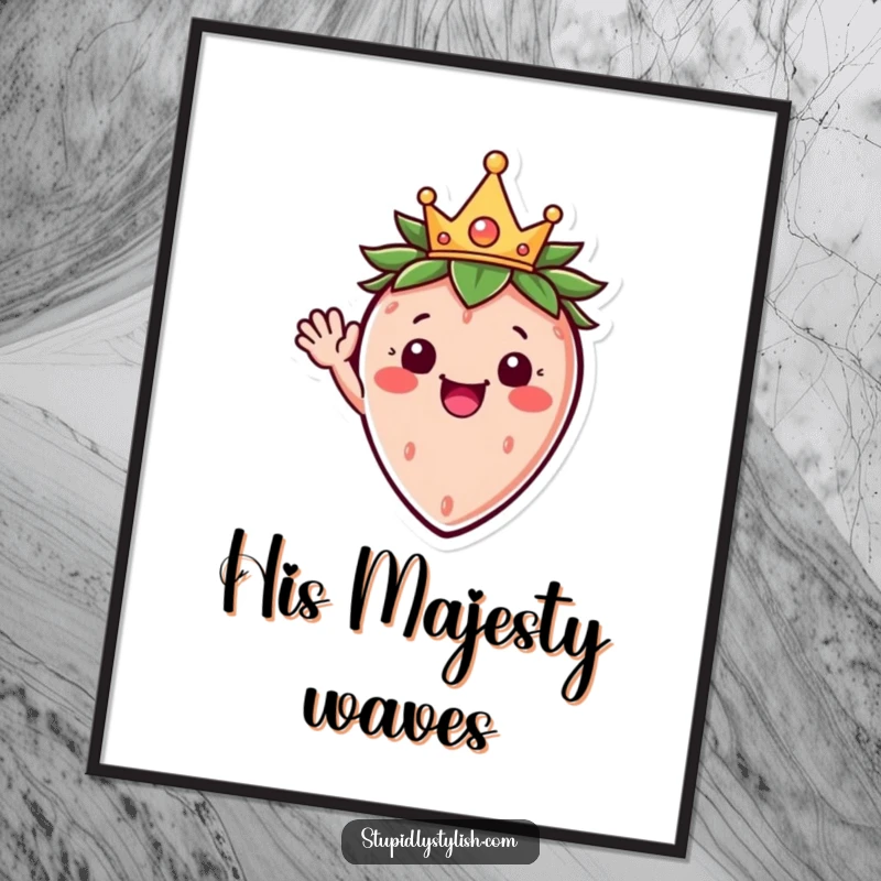 Funny digital art print of a smiling strawberry character in a small crown, waving happily, perfect for instant joyful decor.