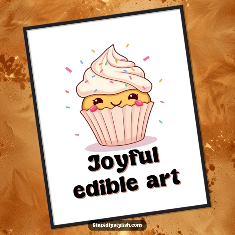 Funny digital art print of a gleeful cupcake with a dynamic burst of colorful sprinkles flying outwards, offering immediate humor and decoration.
