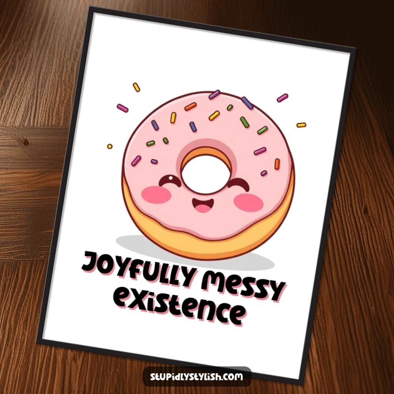 Funny digital art print of a giggling donut with sprinkles flying off, perfect for adding sweet and humorous decor.