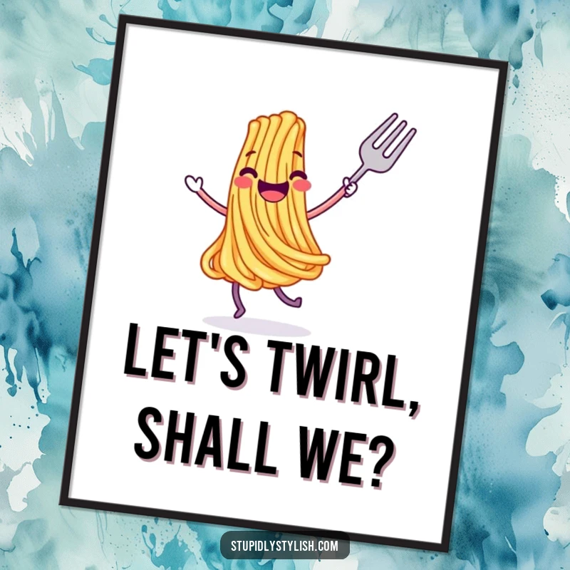 Funny digital art print of a joyful, dancing spaghetti strand with a fork, bringing delicious and humorous charm to any display.