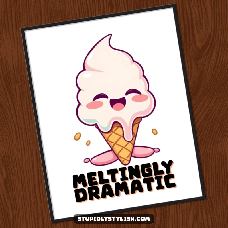 Funny digital art print: A giggling ice cream cone character depicted in a state of exaggerated, comical melting.