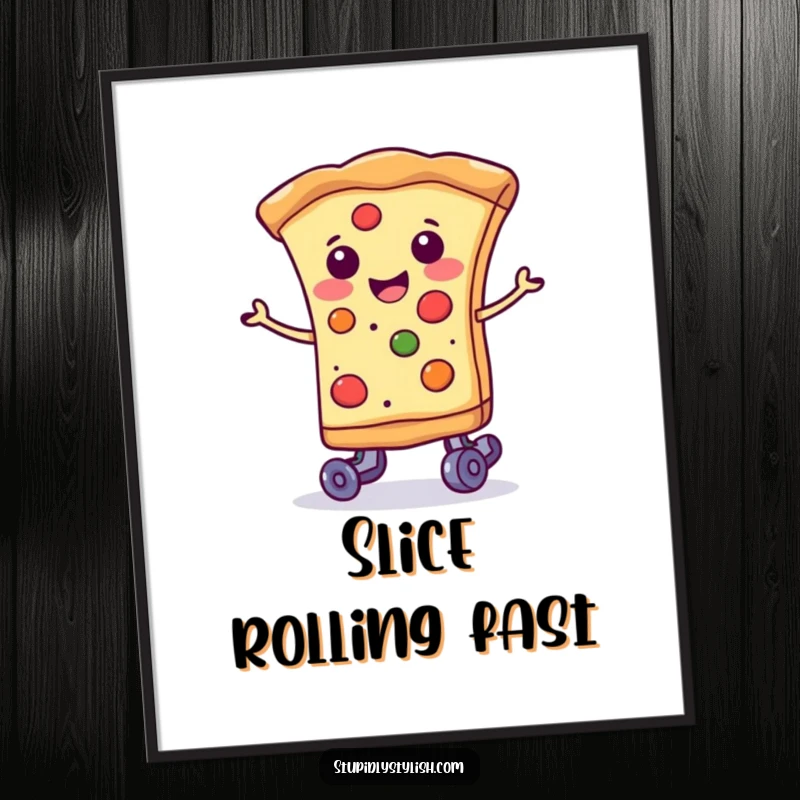 Funny smiling slice of pizza wearing tiny roller skates, a charming digital art print for foodies.