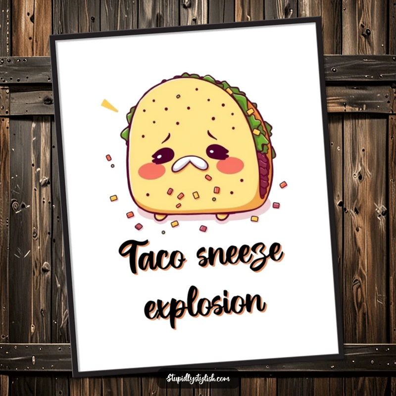 Funny digital art print of a sneezing taco with scattered fillings, perfect for instant, humorous decor.