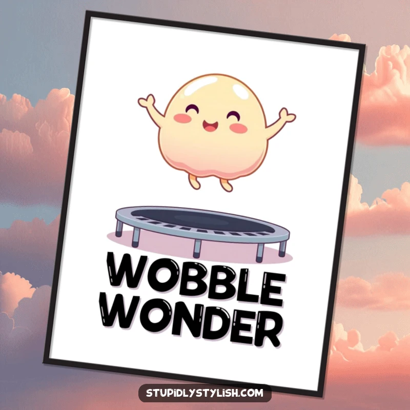 Funny digital art print of an ecstatic jelly blob performing a massive bounce on a trampoline, capturing dynamic, joyful movement.