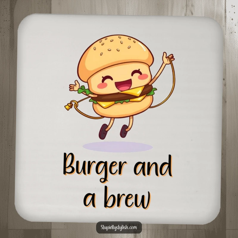 Funny Hamburger Coasters depicting a giggling hamburger jumping rope with cheese, adding playful humor.