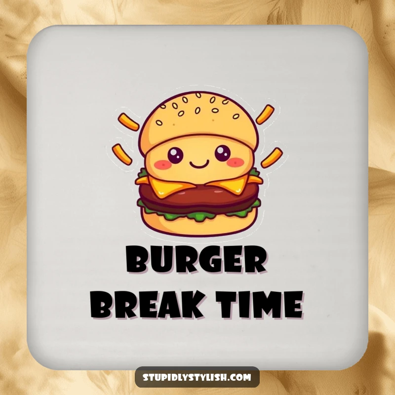 Cute smiling burger character juggling falling french fries, ideal for a coaster that adds food-themed charm and humor.