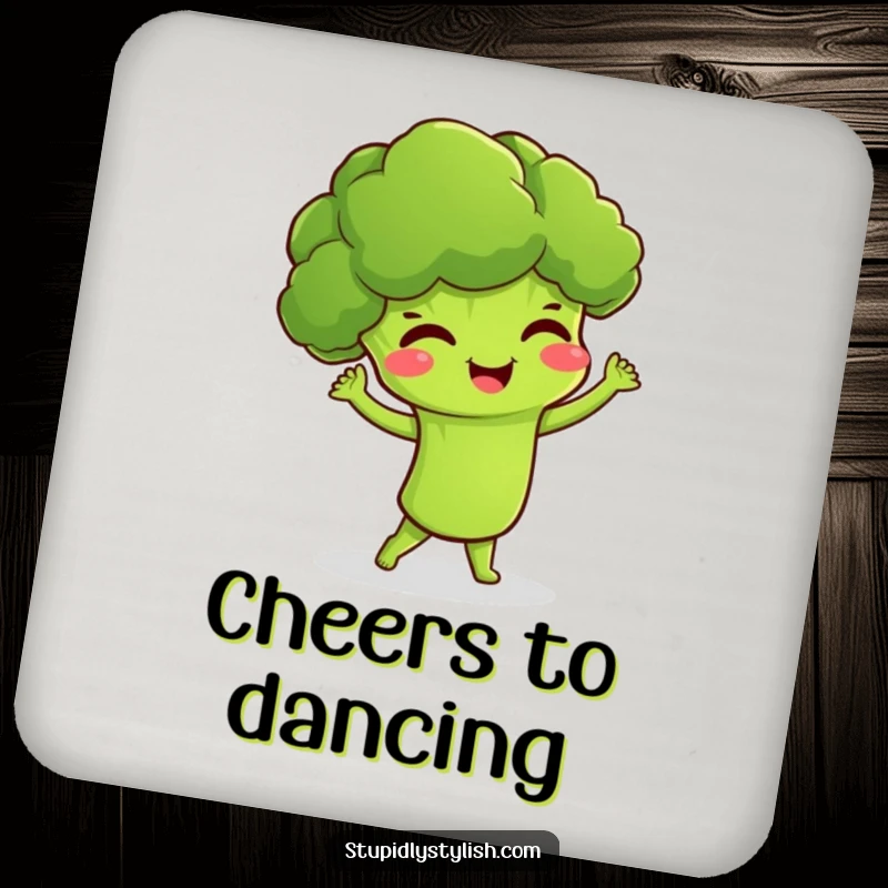 Funny drink coaster featuring a giggling broccoli character doing a silly dance, adding a playful touch.