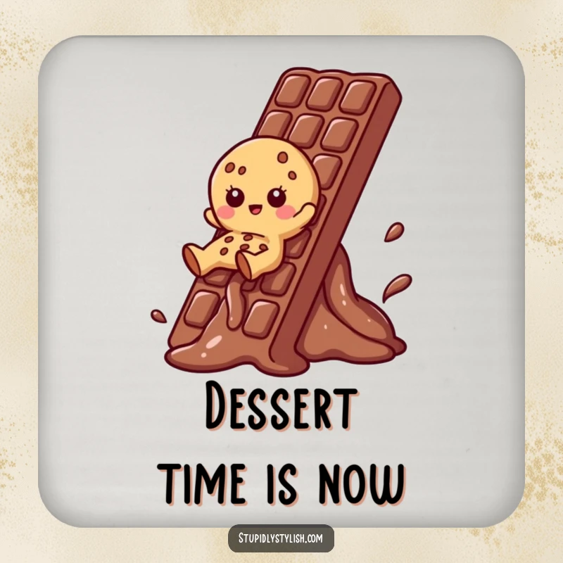 Funny Cookie Coasters depicting a cookie character sliding down a melting chocolate bar, adding sweet humor.