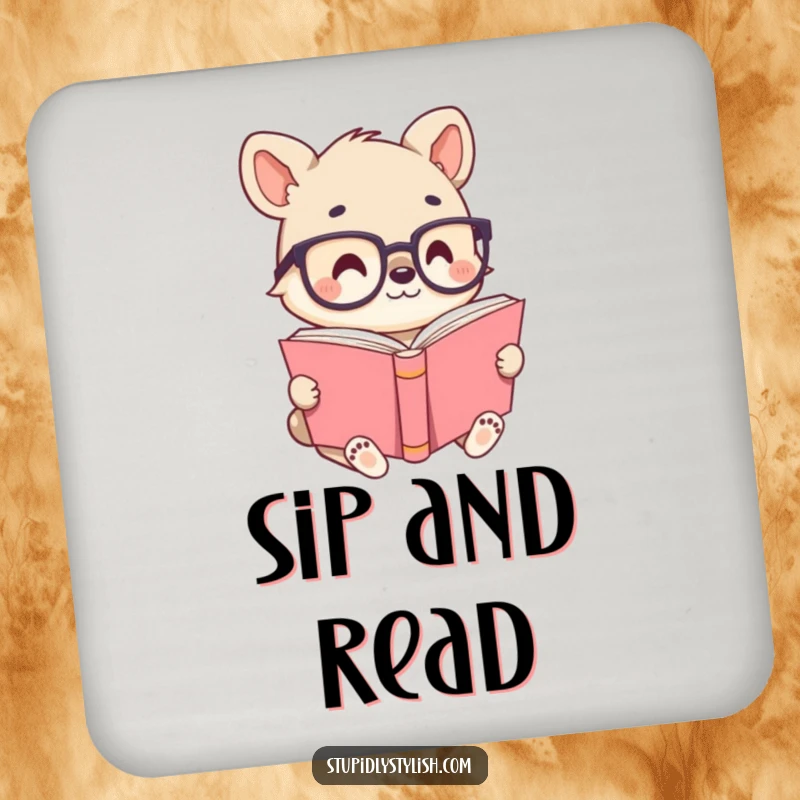 Cute animal character with tiny glasses, reading a large book, ideal for a coaster that adds intellectual charm and humor.