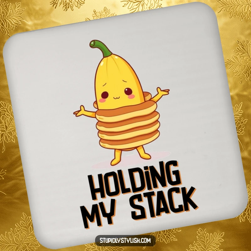 Funny coaster set featuring a banana character balancing a stack of pancakes, offering humorous protection for drinks.