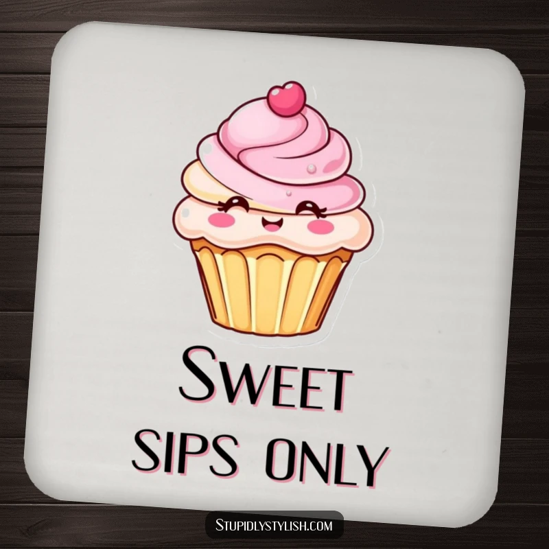 Funny drink coaster with a chic cupcake character featuring an elaborate frosting design, offering sweet protection for beverages.