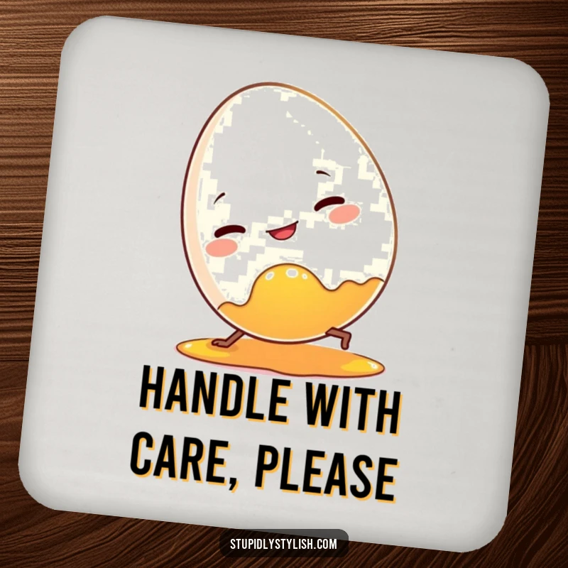 Funny coaster featuring a clumsy egg character tripping over its yolky mess. Protects surfaces with humor.