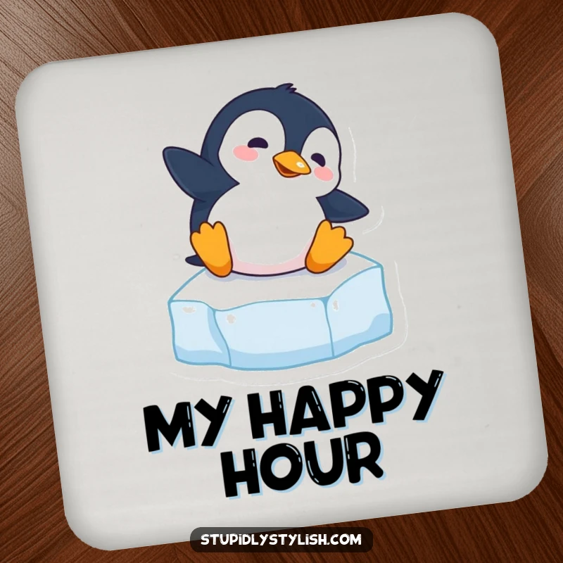 Funny drink coaster featuring a clumsy penguin comically slipping on an ice cube, protecting surfaces with humor.